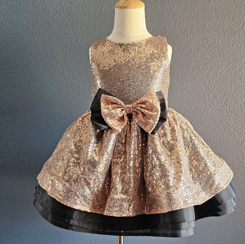 Gold Sequin Party Dress with Black Bow